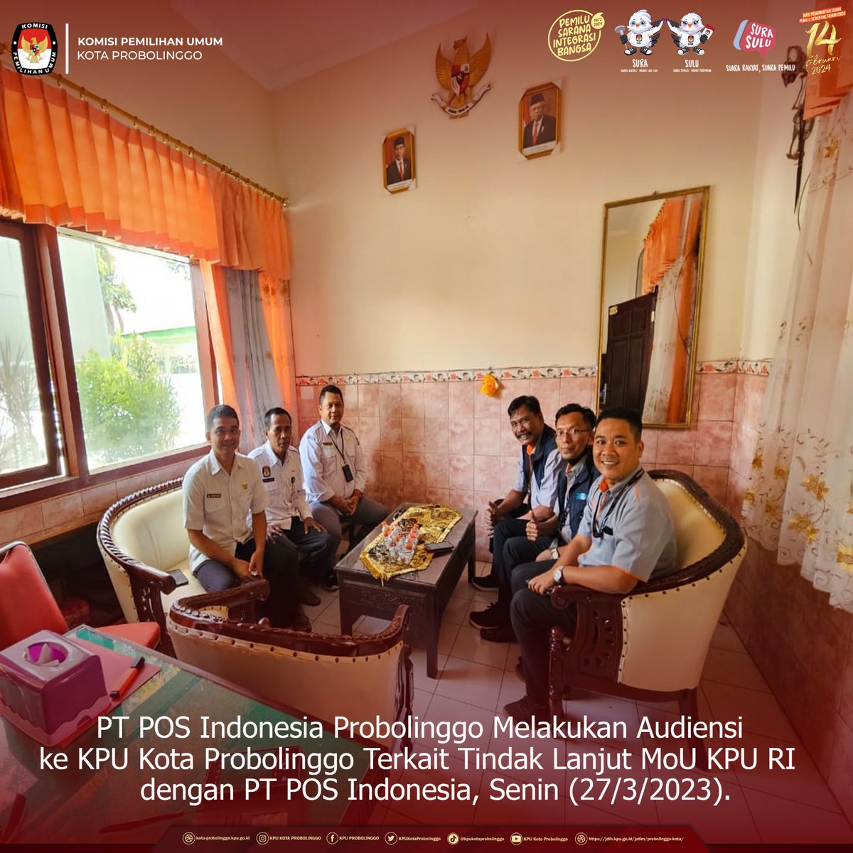 KPUKotaProb's tweet photo. #temanpemilih PT POS Indonesia Probolinggo Melakukan Audiensi ke KPU Kota Probolinggo Terkait Tindak Lanjut MoU KPU RI dengan PT POS Indonesia, Senin (27/3/2023).
#kpuri #kpujatim #pemiluserentak2024 #pemilihanserentak2024 #PTPOSINDONESIA https://t.co/UG0C5Yps4K