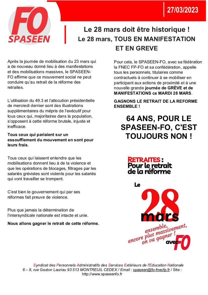 Le 28 mars, TOUS EN MANIFESTATION
ET EN GREVE