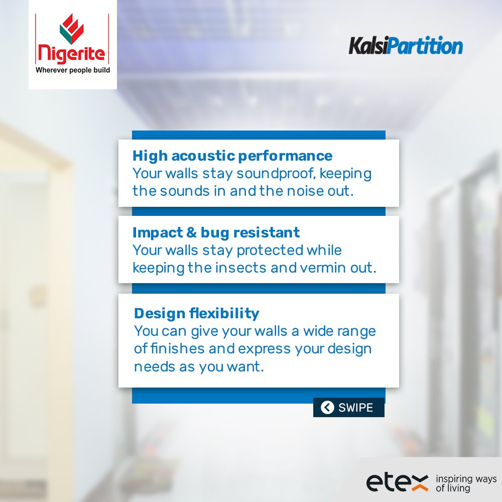nigeritelimited's tweet photo. Why KalsiPartition? Here are 3 reasons why KalsiPartition is your best bet for internal wall applications. Try KalsiPartition today for versatility and functionality!
#Nigerite #Etex #WhereverPeoplebuild #KalsiPartition https://t.co/GmfjdjvppQ