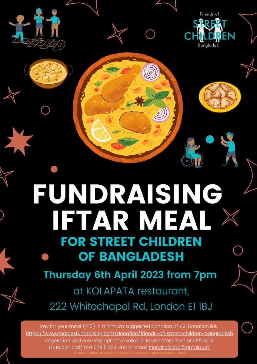 Support street connected children in Bangladesh this Ramadan. Join us for Iftar on 6th April. Donate on our Giving page at peoplesfundraising.com/donation/frien…

Please rsvp by email to: friendsofscbd@gmail.com