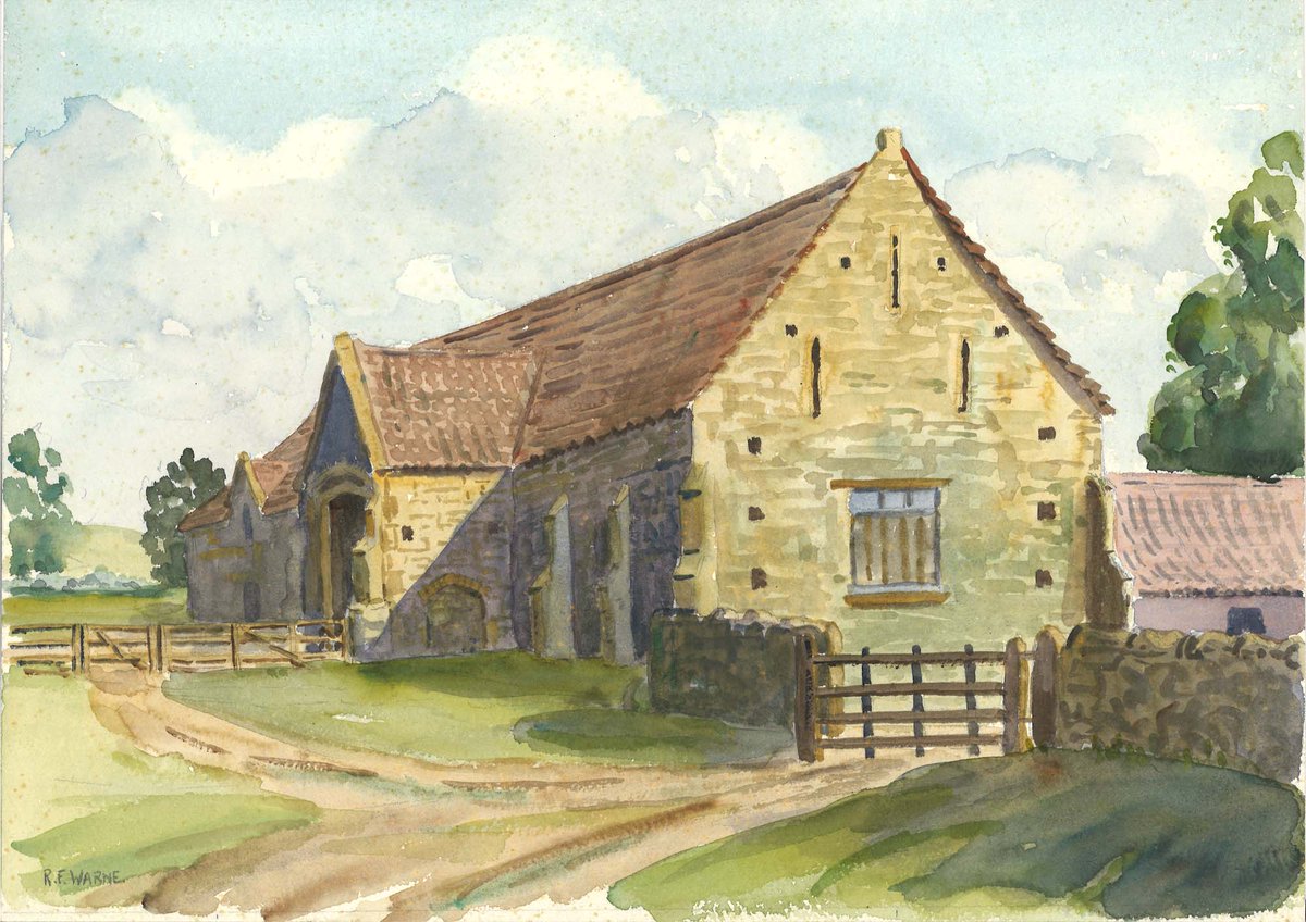 A very nice watercolour of an unidentified barn by E.F. Warne painted in the 1950s. A large structure with porch so presumably religious in nature but where it might be in Somerset we know not. 
#Archive30 
#ArchiveMystery