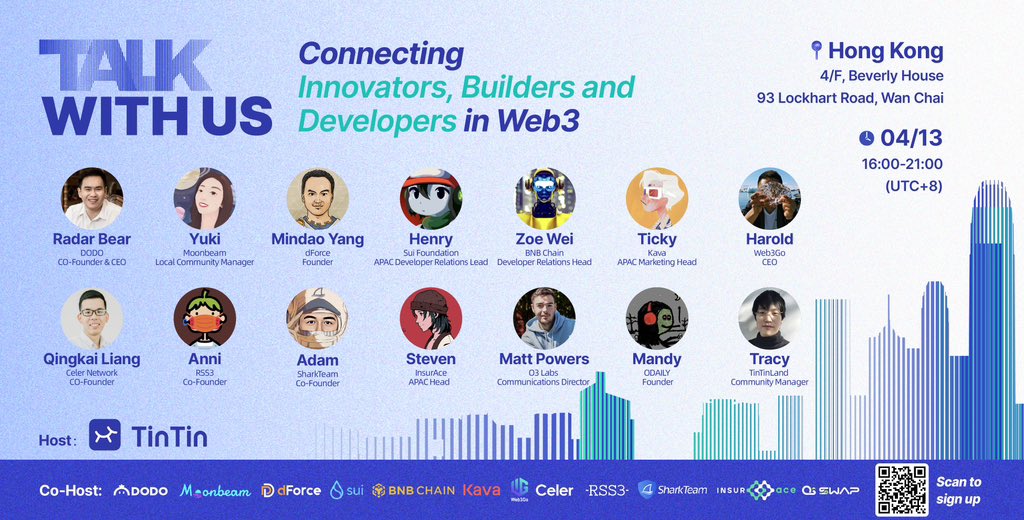 1/3 🇭🇰We are thrilled to be host #TinTinLand #HK event on April 13th!

💬Talk With Us: Connecting Innovators, Builders and Developers in Web3

🕒April 13th 16:00-21:00 (UTC+8)
📍Hong Kong, 4/F, Beverly House, 93 Lockhart Road, Wan Chai

⬇️Registration NOW: lu.ma/54upg62n