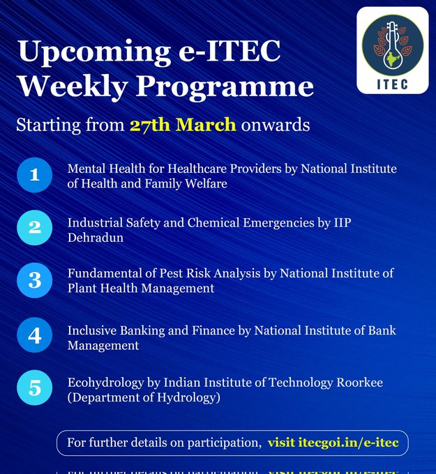IndiainSlovenia's tweet image. Od 27. marca 2023 naprej bodo na voljo številni novi tečaji #eITEC, ki pokrivajo mnoga področja. Tečaji so zasnovani tako, da udeležencem z različnih delov sveta nudijo edinstveno priložnost, da izboljšajo svoje veščine in znanje. #csiriip