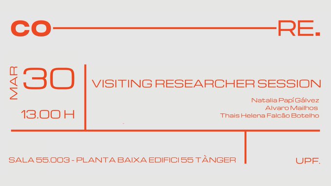 comunicacioUPF's tweet photo. Natalia Papí, Alvaro Mailhos i Thais Helena Falcão són els convidats del proper seminari #UPFCORE! Us hi esperem!
🗓️ 30/03/23
🕒 13.00 h
📌 Sala 55.003
📝 Requereix inscripció prèvia👉 https://t.co/0mRsQvboWF
#UPFCommResearch https://t.co/GSSnXjHuJL