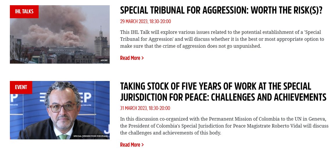 📢We have 2 events this week:

➡️Wednesday at 18:30: #IHLTalk on a Special Tribunal for #Aggression 

➡️Friday at 18:30: Discussion w/President of #Colombia's Special Jurisdiction for Peace  @JEP_Colombia Magistrate Roberto Vidal

Learn more & register: geneva-academy.ch/event/all-even…