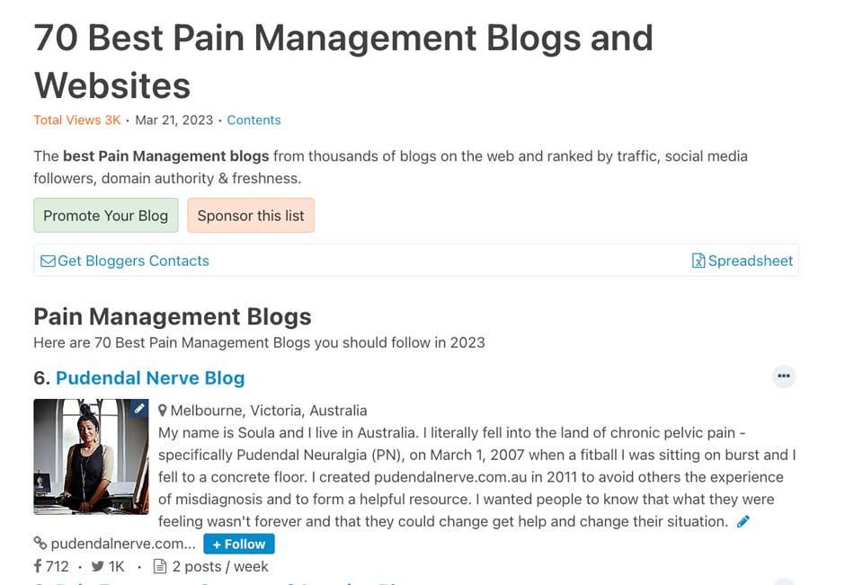 SoulaComAu's tweet photo. I'm a top blogger in this day and age of youthful influencers! 

Rated No 6 facing the world with a profile image among business logos, I feel quite chuffed. 

Read more https://t.co/LoqIWykCNb

#pudendalnerve #chronicpain #topblog #painmanagement #feedspot #bestblog #soula https://t.co/c3Vke9ynoF