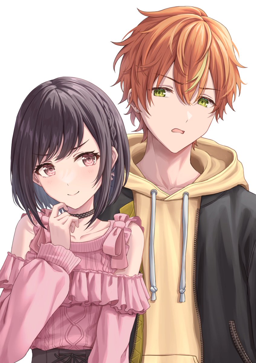 1girl 1boy black hair hoodie green eyes hood choker  illustration images