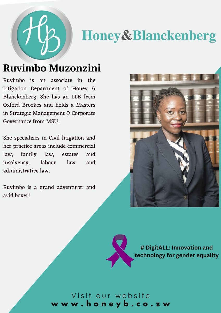 #Womensmonth2023 Ruvimbo is an associate in the Litigation Department of Honey & Blanckenberg. She has an LLB from Oxford Brookes and holds a Masters in Strategic Management & Corporate Governance from MSU. @sara_moyo