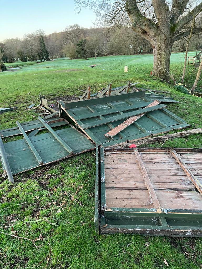 Miles_gkeeper's tweet photo. This morning the Greenkeepers @ashfordkentgc had a lovely surprise of a shelter at the 5th “Fagg’s” vandalised and destroyed.  #why #vandals #upsetting #pointless https://t.co/pNR7S5DmEk