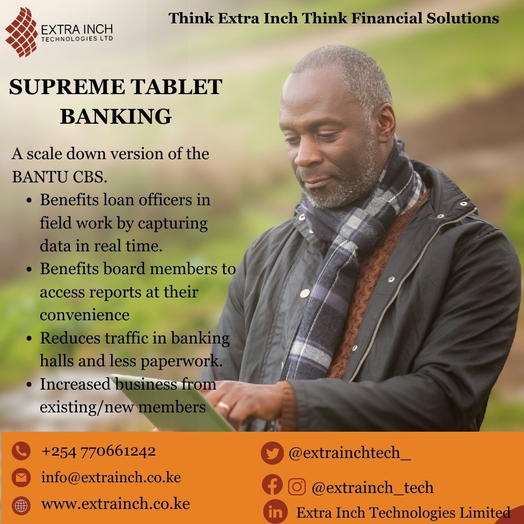 extrainchtech_'s tweet image. Supreme Tablet Banking software is here for you! Achieve next level financial processes that are a sure guarantee of more profits for your financial institution!

Schedule a demo with us today!

#extrainch  #saccosolutions #MFIsolutions  #fintech  #softwaresolutions
#freedemo