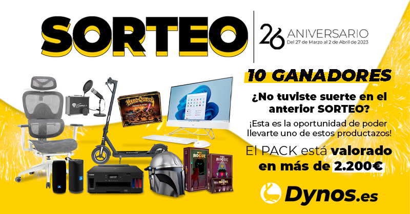 Dynos_es's tweet photo. 🟡 SORTEO 26 ANIVERSARIO 🟡
¡Consigue uno de estos 10 premios!

➡️ Síguenos
➡️ Haz RT y Me Gusta
➡️ Menciona a un amigo

¡Mucha suerte!
Sorteo activo hasta el 2/4/2023. El 3/4/2023 anunciamos al ganador