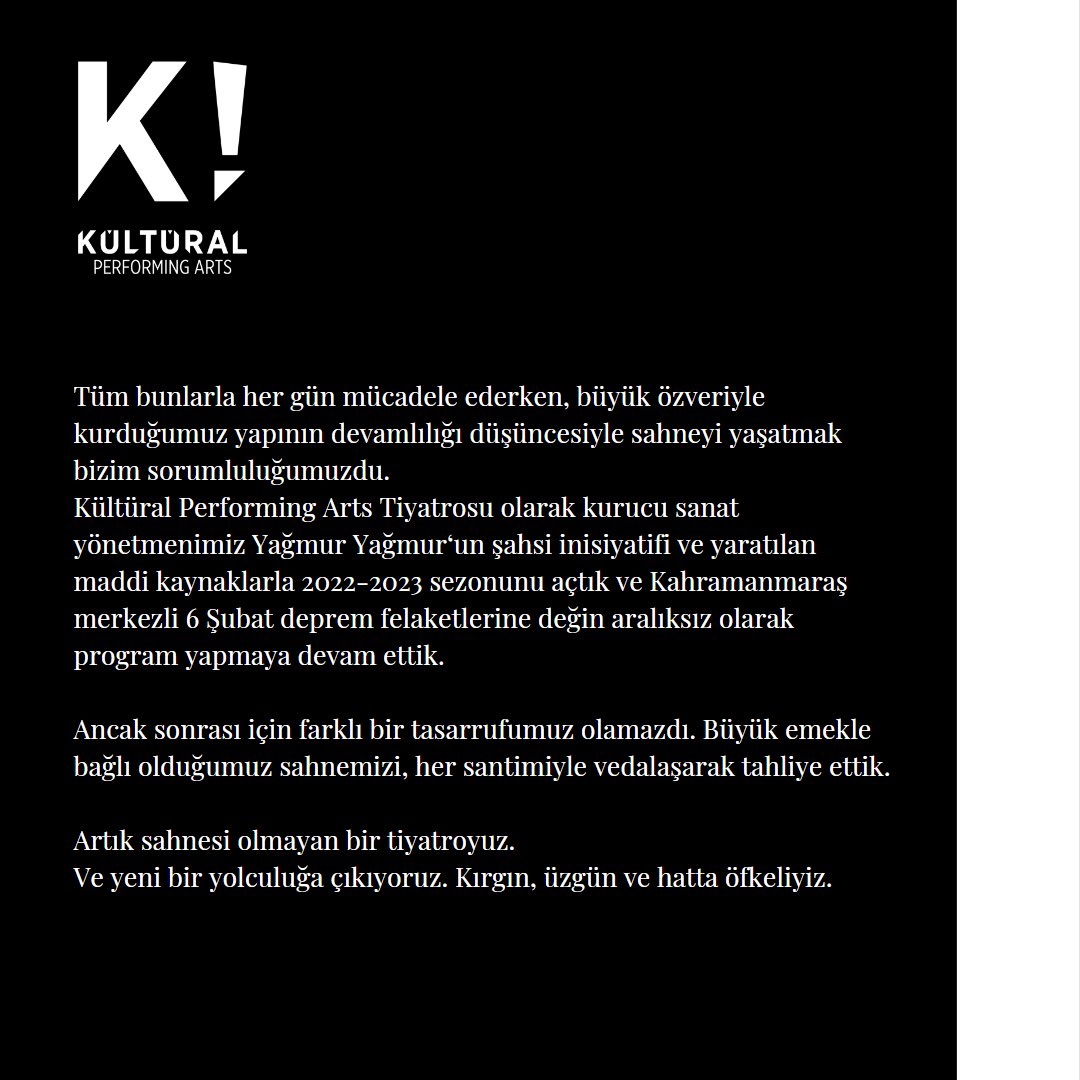 K_Kultural's tweet photo. Kamuoyuna,
Bugün 27 Mart Dünya Tiyatro günü. K! Kültüral Performing Arts olarak siz tiyatro severlerle hem tiyatromuz, hem de şehrimiz İstanbul’un sanatsal değerine yönelik olarak paylaşacağımız önemli bir haberimiz var. 
Açıklamamız postumuzda. #kültüralperformingarts https://t.co/DLMEOfFgmo
