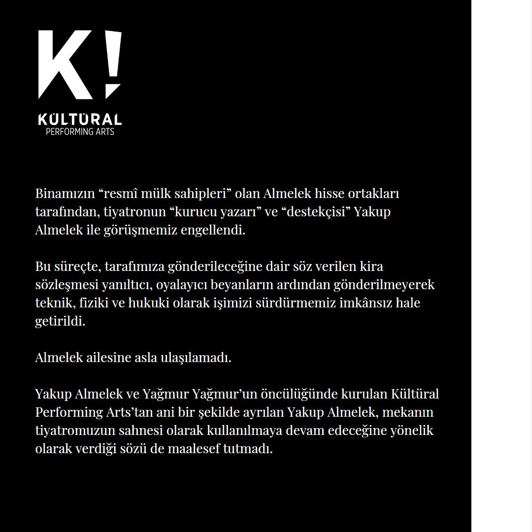 K_Kultural's tweet photo. Kamuoyuna,
Bugün 27 Mart Dünya Tiyatro günü. K! Kültüral Performing Arts olarak siz tiyatro severlerle hem tiyatromuz, hem de şehrimiz İstanbul’un sanatsal değerine yönelik olarak paylaşacağımız önemli bir haberimiz var. 
Açıklamamız postumuzda. #kültüralperformingarts https://t.co/DLMEOfFgmo
