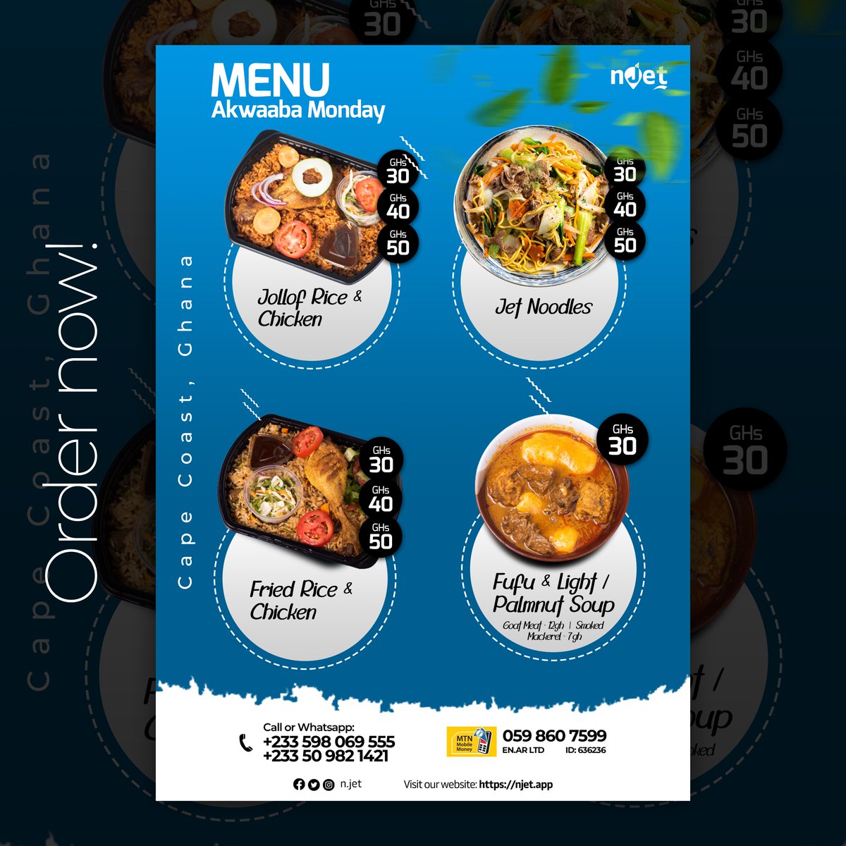 _n_jet's tweet photo. Akwaaba to a day and a new week! Check out our menu and place your order. Deliveries start from 12 noon.
Thank you and do have a wonderful week!
Order from our website: https://t.co/guyLYxDdk4 or download our app: https://t.co/YB1iPbTevK
#food #fooddelivery #delivery #fooddeli https://t.co/L7cs4zEnCn