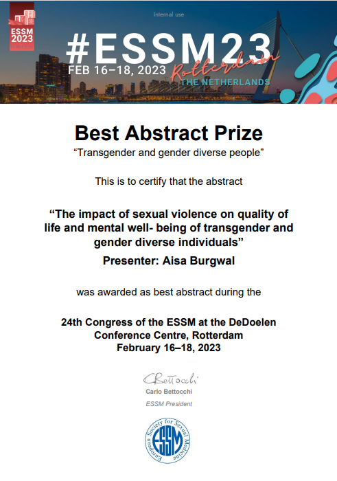 Thank you ESSM for the award!

#sexualviolence #transgender #genderdiverse #enough #conference #sexualhealth #wellbeing #QualityofLife #togetherweimprove