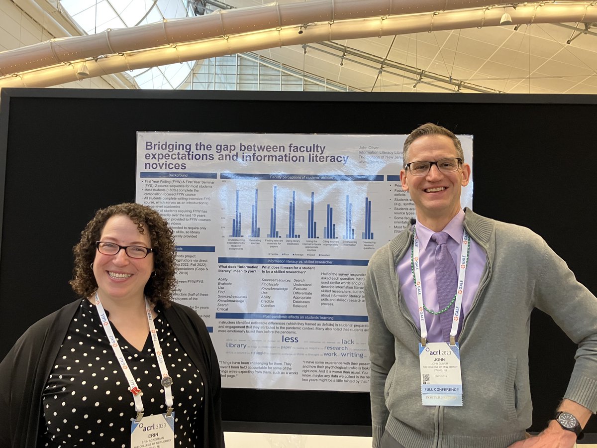 TCNJ Librarians Represent! Erin Ackerman and John Oliver share their research on “Bridging the gap between faculty expectations and information literacy novices” at the recent Association of College and Research Libraries conference in Pittsburgh. #tcnjlibrary #TCNJ