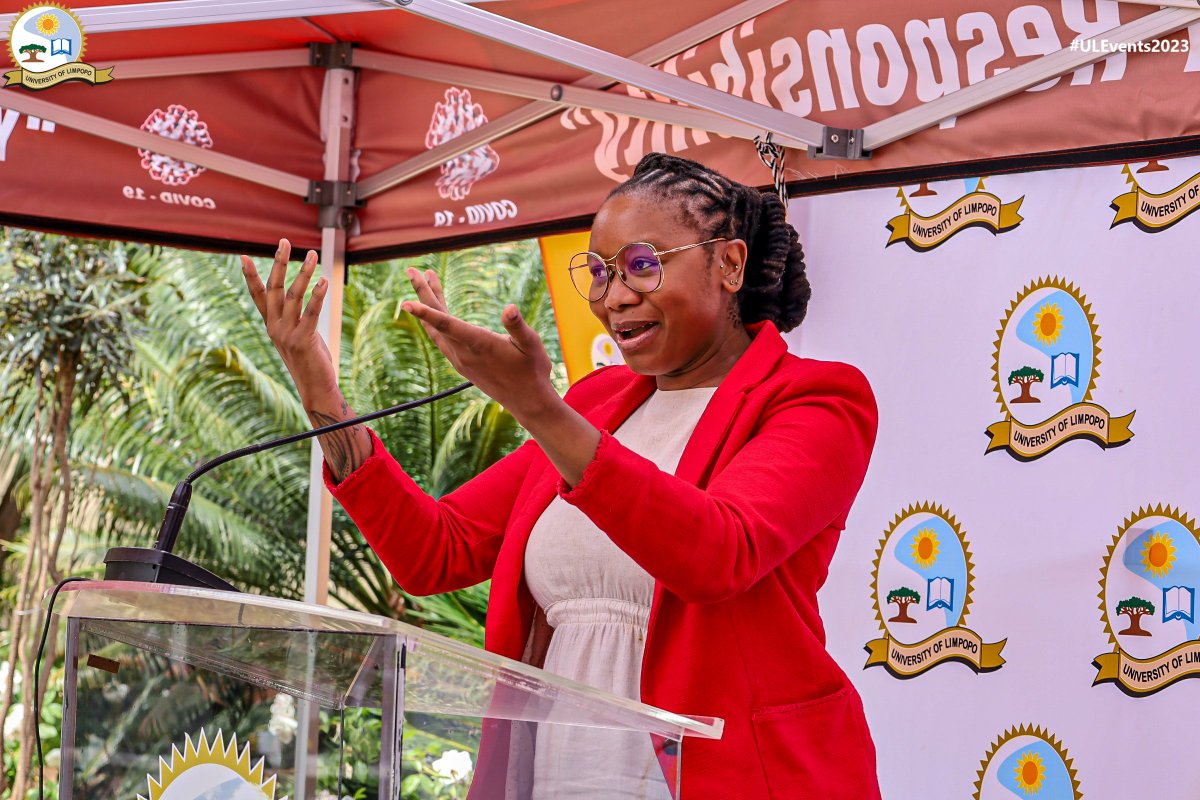 ULvarsity's tweet photo. Keynote Speaker, Jackie Phamotse, a philanthropist, writer, businesswoman, and social activist addresses the university community at the First Things First Campaign.” 
#ULEvents2023 #FirstThingFirstCampaign2023 https://t.co/Rtg2y3aekQ