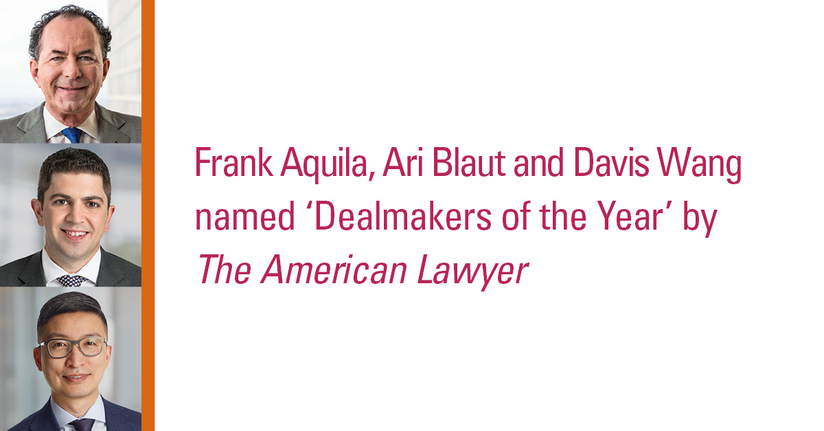 Frank Aquila, Ari Blaut and Davis Wang have been named “Dealmakers of the Year” by @AmericanLawyer for advising Amgen in its pending $28 billion acquisition of Horizon Therapeutics—the largest healthcare merger announced in 2022. Learn more: law.com/americanlawyer… #sullcrom