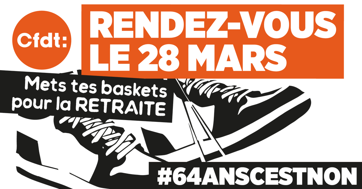 CFDT's tweet photo. 📢 RDV demain #28mars dans la rue pour dire #64ansCestNon. La #démocratie, c’est aussi la démocratie sociale ! C’est nous, travailleurs, travailleuses, étudiants, lycéens, retraités etc. 
📍 Points de mobilisation partout en France ➡️ https://t.co/RzIR0KtS9E #greve28mars https://t.co/JUkh8G4rcj