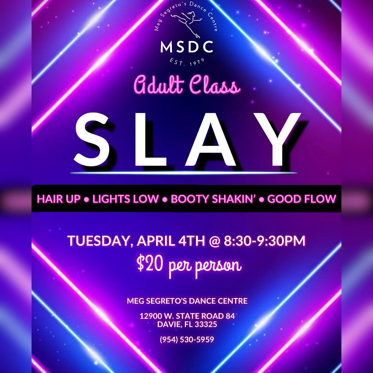 Next Tuesday, SLAY returns 🪩✨ Need an hour to yourself? Join us for a dance workout to let loose & get your groove on 🔥❤️‍🔥

📍 Meg Segreto’s Dance Centre
⏰ Tuesday, April 4th • 8:30 - 9:30PM
💲 $20 per person (Cash preferred) 
#SLAY #dancefitness #danceworkout #southflorida