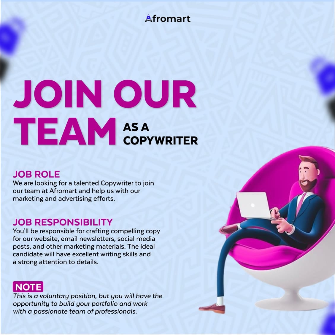 Afromartgroups's tweet photo. *Join our team as a Copywriter*

Job role: Copywriter (Volunteer Position)

We are looking for a talented Copywriter to join our team at Afromart and help us with our marketing and advertising efforts.

Job responsibilities: https://t.co/GnBpcH6EN6