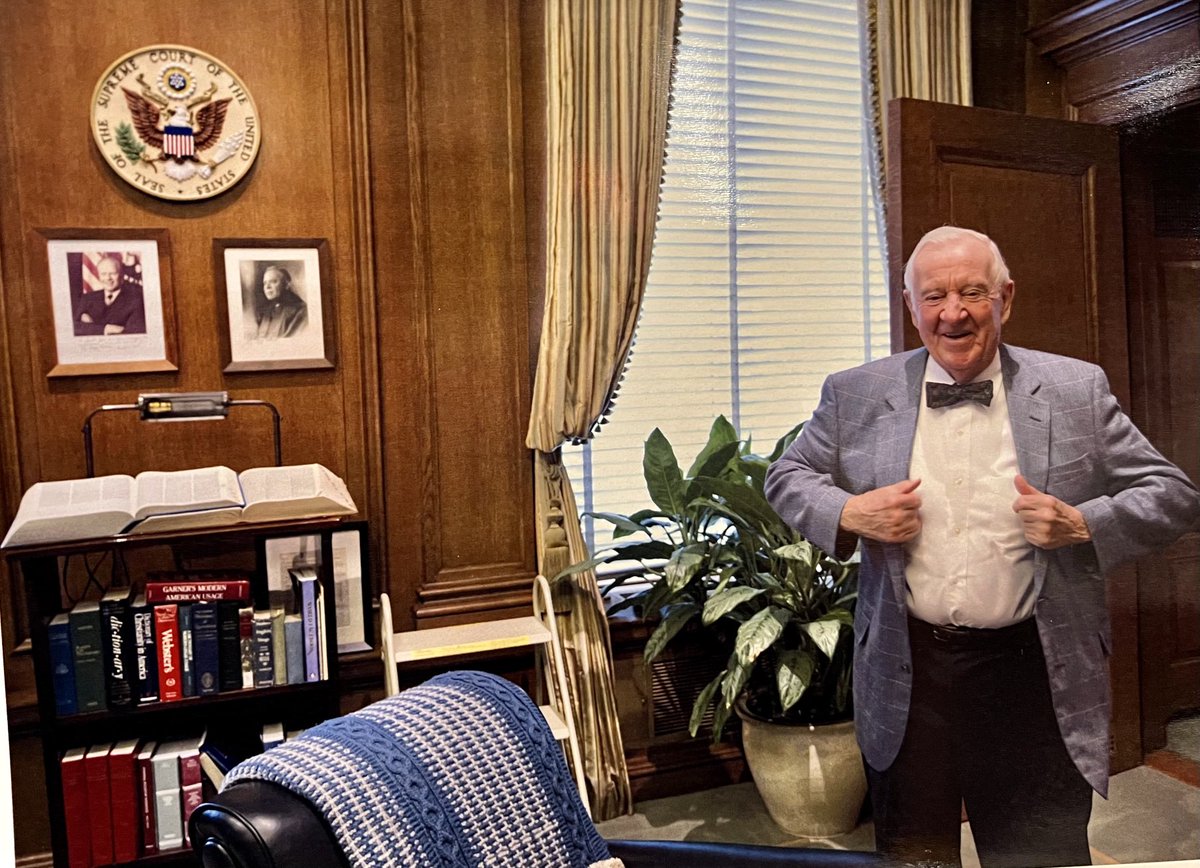One of my favorite photos of the late Justice Stevens shows his dictionary stand. The second edition of my usage book (red dustjacket) is lying horizontal atop the other dictionaries. He was a kind man—and a wise one. 
#dictionaries #books