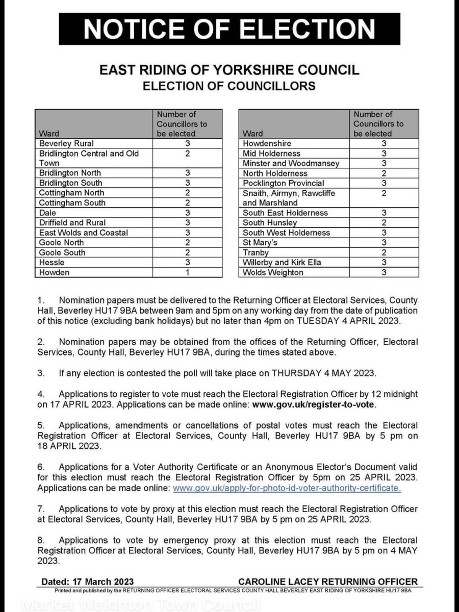 GRT DRIFFIELD RADIO NEWS UPDATE - Local elections on Thu 4 May: - Driffield Town Council (16 Councillors) @Driffield_TC - ERYC - Driffield & Rural (3 Councillors) @East_Riding Want to stand? Nomination forms before 4pm on TUESDAY 4 APRIL 2023. eastriding.gov.uk/council/electi…
