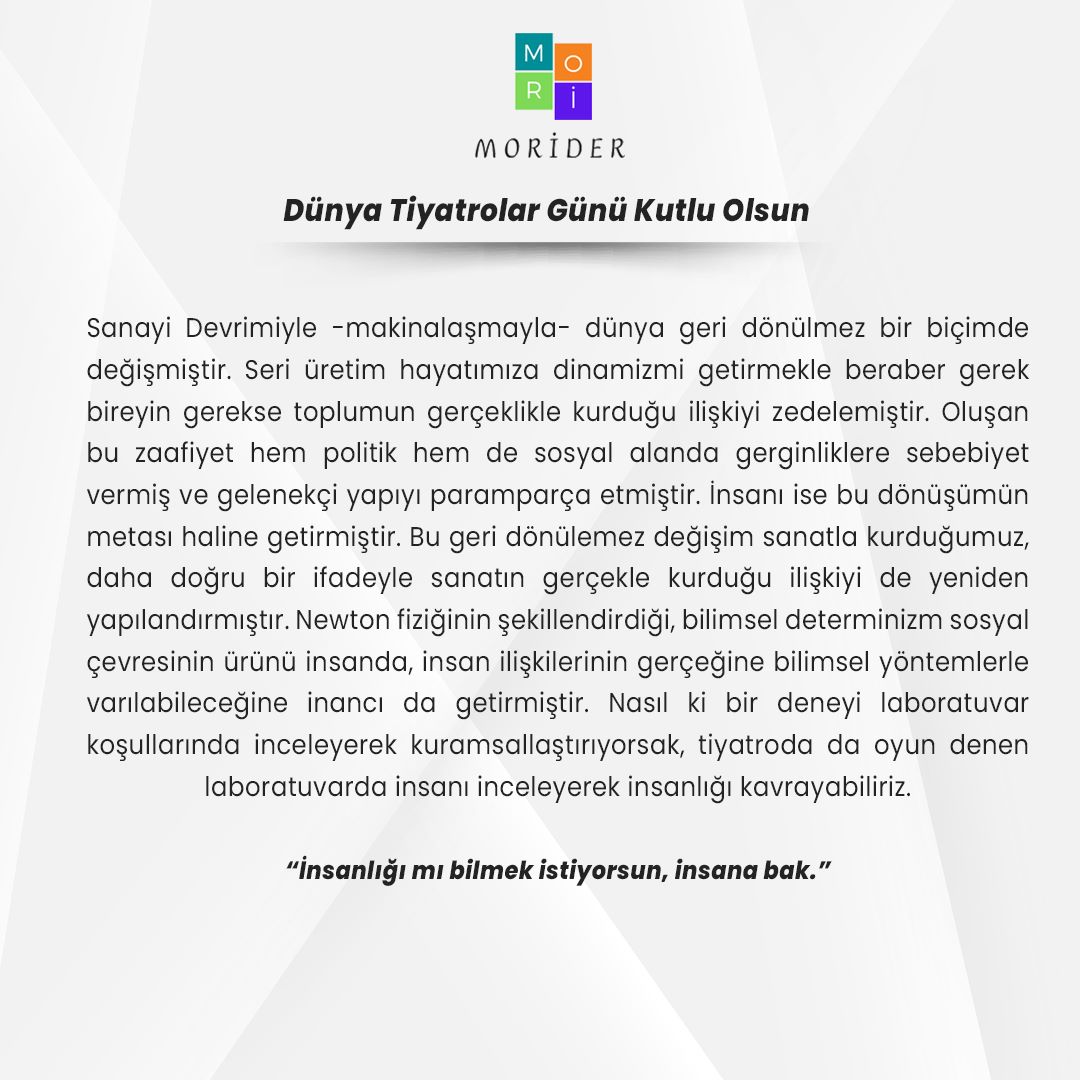"İnsanlığı mı bilmek istiyorsun, insana bak."
Dünya Tiyatrolar Günü Kutlu Olsun.

#DunyaTiyatrolarGunu