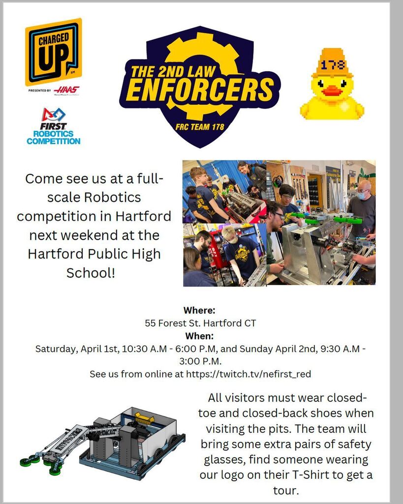 The Enforcers cordially invite members of the school and community to see our upcoming event at Hartford Public High School!  Tour the pits, see the action in person! #WeAreNE #MoreThanRobots #ne_hartford instagr.am/p/CqS2bMMuDRC/