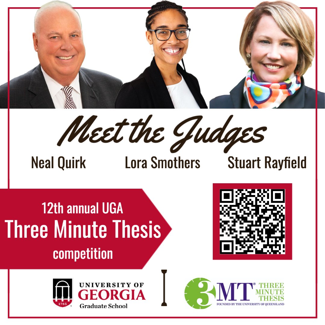UGAGradSchool's tweet image. Meet the judges for the 12th annual UGA Three Minute Thesis competition!

The final competition is free and open to the public – April 5th, 2023, at 7:00 pm in the University Chapel (109 Herty Drive).

#Committo #GradDawgs #GradStudies #UGA #UGAgraduateschool #GoDawgs