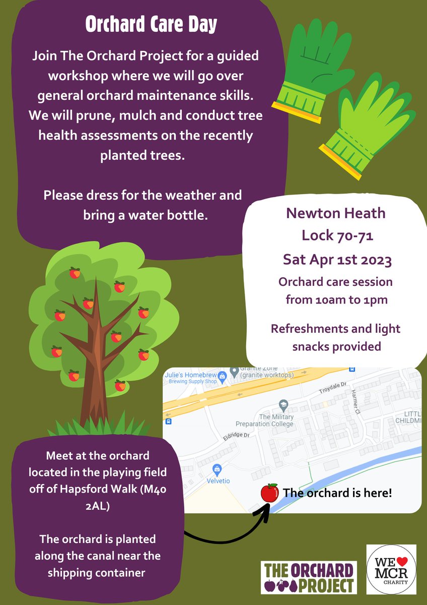 Want to learn about orchard tree care? A care day by the 'The Orchard Project' on  Sat 1 April 10am-1pm, at Newton Heath Rochdale Canal Lock 71 nr Hapsford Walk. Info in image. #RochdaleCanal #NewtonHeath #orchards #fruit #community #food