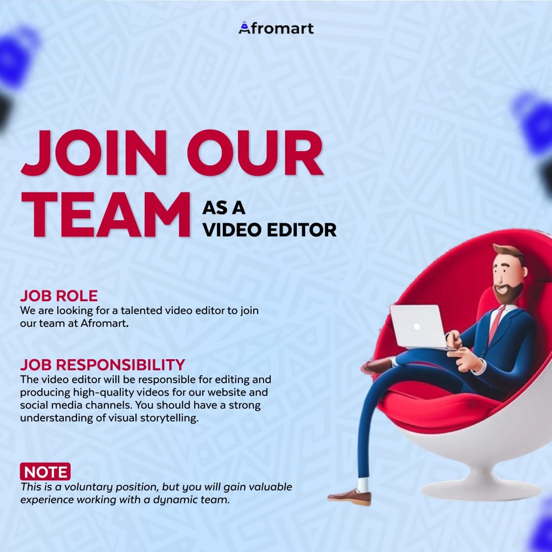 Afromartgroups's tweet photo. Join our team as a video Editor

Job role: Video Editor (Volunteer Position).

We are looking for a talented video editor to join our team at Afromart.

Job roles: https://t.co/ZO6oIdwha6