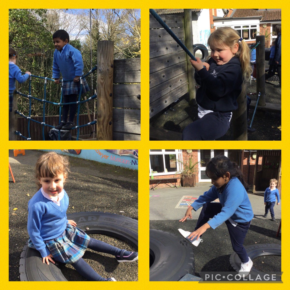 @HighfieldRecep and @highfieldnurs had a lovely time in the sunny tyre park this afternoon! Great gross motor skills demonstrated by all. Lots of climbing, swinging and running. @chatsworthschls @HighfieldPrep #Spring #grossmotor #playingislearning