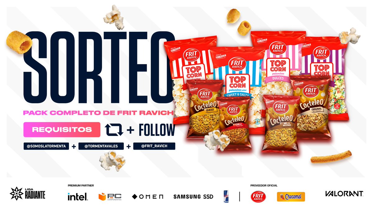 Circuito Tormenta | VALORANT (@tormentavales) on Twitter photo Yo no puedo ver la Liga Radiante sin algo para comer.
<a href="/frit_ravich/">FRIT RAVICH</a> es la mejor opción acompañando los #BuenosMomentos💥
¡SORTEAMOS un pack de Top Corn y Cocteleo!
👉Sigue a @somoslatormenta y <a href="/TormentaVALes/">Circuito Tormenta | VALORANT</a>
👉Sigue a <a href="/frit_ravich/">FRIT RAVICH</a>
👉Da RT
📜BBLL: bit.ly/BBLLSorteoFR Yo no puedo ver la Liga Radiante sin algo para comer.
<a href="/frit_ravich/">FRIT RAVICH</a> es la mejor opción acompañando los #BuenosMomentos💥
¡SORTEAMOS un pack de Top Corn y Cocteleo!
👉Sigue a @somoslatormenta y <a href="/TormentaVALes/">Circuito Tormenta | VALORANT</a>
👉Sigue a <a href="/frit_ravich/">FRIT RAVICH</a>
👉Da RT
📜BBLL: bit.ly/BBLLSorteoFR