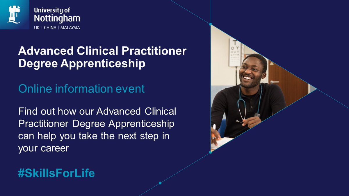 📆#ACP Webinar 
29/03/23
10-11am 
There's still time to register for our #AdvancedClinicalPractice Degree Apprenticeship Information Webinar.

Find out more about our programme content and hear from an apprentice and employer about their experience. 
nottingham.ac.uk/workingwithbus…