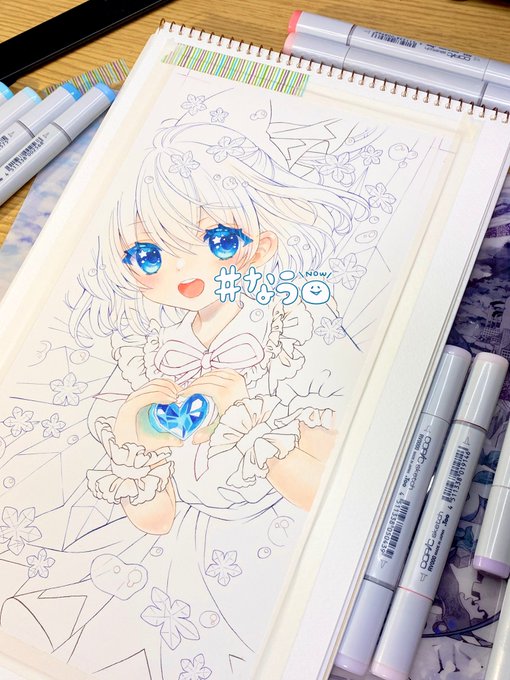 途中水彩も楽しいけどコピックも楽しい〜。青とかピンクとかうっすら