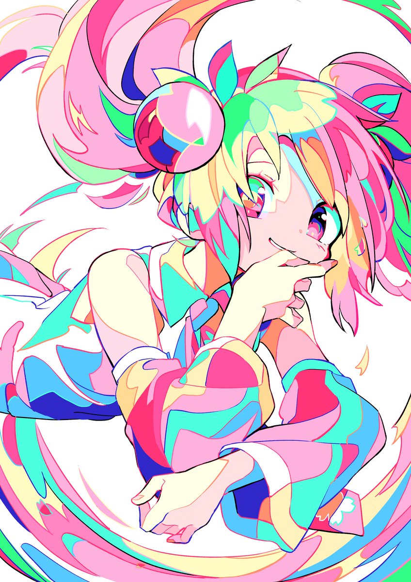 hatsune miku ,sakura miku 1girl colorful solo detached sleeves twintails long hair pink eyes  illustration images