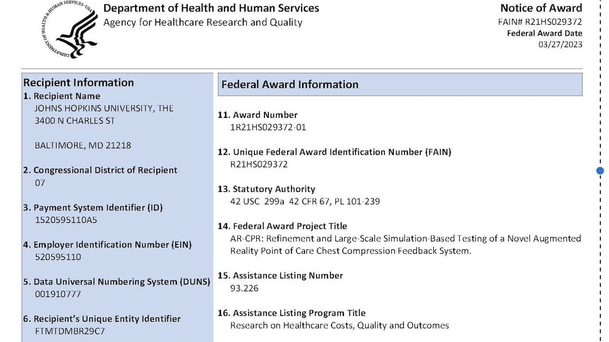 Justin M Jeffers, MD, MEHP (@jjeffersmd_mehp) on Twitter photo So incredibly excited to share that our AR-CPR AHRQ grant was funded! This award will allow further dev and testing over 5 yrs. Thank you <a href="/AHRQNews/">AHRQ</a> for the opportunity. Thank you <a href="/INSPIRE_Network/">INSPIRE Network</a> and <a href="/JHUAPL/">Johns Hopkins APL</a> for the collab!
<a href="/HopkinsKids/">Johns Hopkins Children's Center</a> <a href="/JHPedsResearch/">Johns Hopkins Dept of Pediatrics Research</a> So incredibly excited to share that our AR-CPR AHRQ grant was funded! This award will allow further dev and testing over 5 yrs. Thank you <a href="/AHRQNews/">AHRQ</a> for the opportunity. Thank you <a href="/INSPIRE_Network/">INSPIRE Network</a> and <a href="/JHUAPL/">Johns Hopkins APL</a> for the collab!
<a href="/HopkinsKids/">Johns Hopkins Children's Center</a> <a href="/JHPedsResearch/">Johns Hopkins Dept of Pediatrics Research</a>