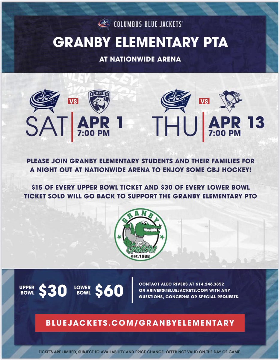 Looking for a fun way to kick off Spring Break? How about a Columbus Blue Jackets game that also supports Granby PTA!!  2 dates, 2 games, 2 opponents- pick the one that works best for your family (or go to both!!) 🏒🥅

bluejackets.spinzo.com/?group=granby-…