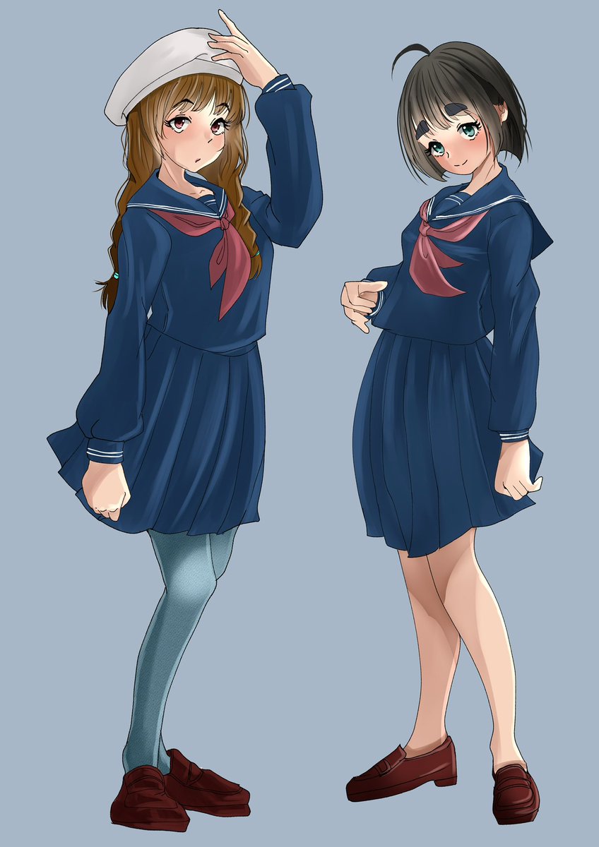 multiple girls 2girls school uniform pantyhose brown hair skirt serafuku  illustration images
