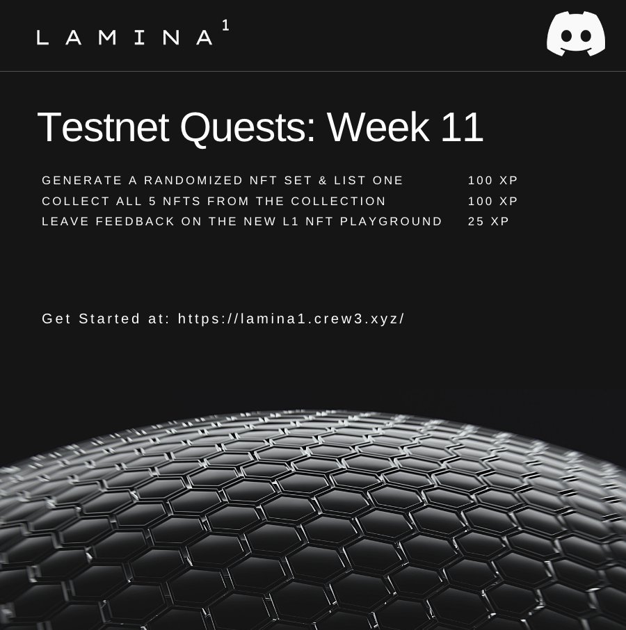 Lamina1official's tweet photo. The countdown is over. The Lamina1 NFT Playground is now open for testing at: https://t.co/c5oOWiw3Wc

3 new Quests will be dropping momentarily on Crew3. Please join us in maximizing transactions today to pressure-test the platform 👾 https://t.co/ZAo8bHsxMF