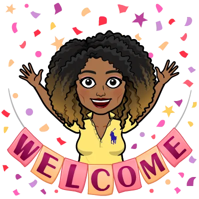 Cartoon drawing of a black woman with shoulder-length curly hair wearing a yellow Polo shirt. She is smiling with her arms raised. With confetti failing on her, and a welcome sign below her.