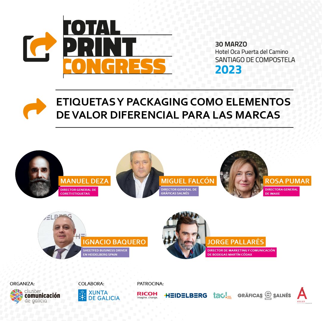 clustercomunica's tweet photo. Envases y etiquetas son distintivo de productos y marcas. Lo hablaremos en el 2º panel del #TotalPrintCongress, con @Donkeyheadmanu, de @CoretiEtiquetas , M.Falcón, de #GráficasSalnés, I. Baquero, de @HeidelbergSpain, Rosa Pumar, de #Imaxe, y J. Pallarés , de @BodMartinCodax. https://t.co/lYoTn8ThqV