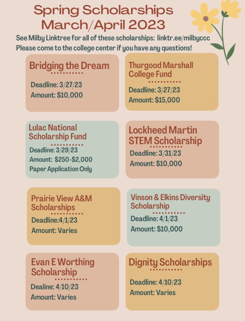 Milby HS College Center (@milbyccc) on Twitter photo Various scholarship deadlines are coming up: Reminder to turn in LULAC scholarship at the college center latest Wednesday! Various scholarship deadlines are coming up: Reminder to turn in LULAC scholarship at the college center latest Wednesday!