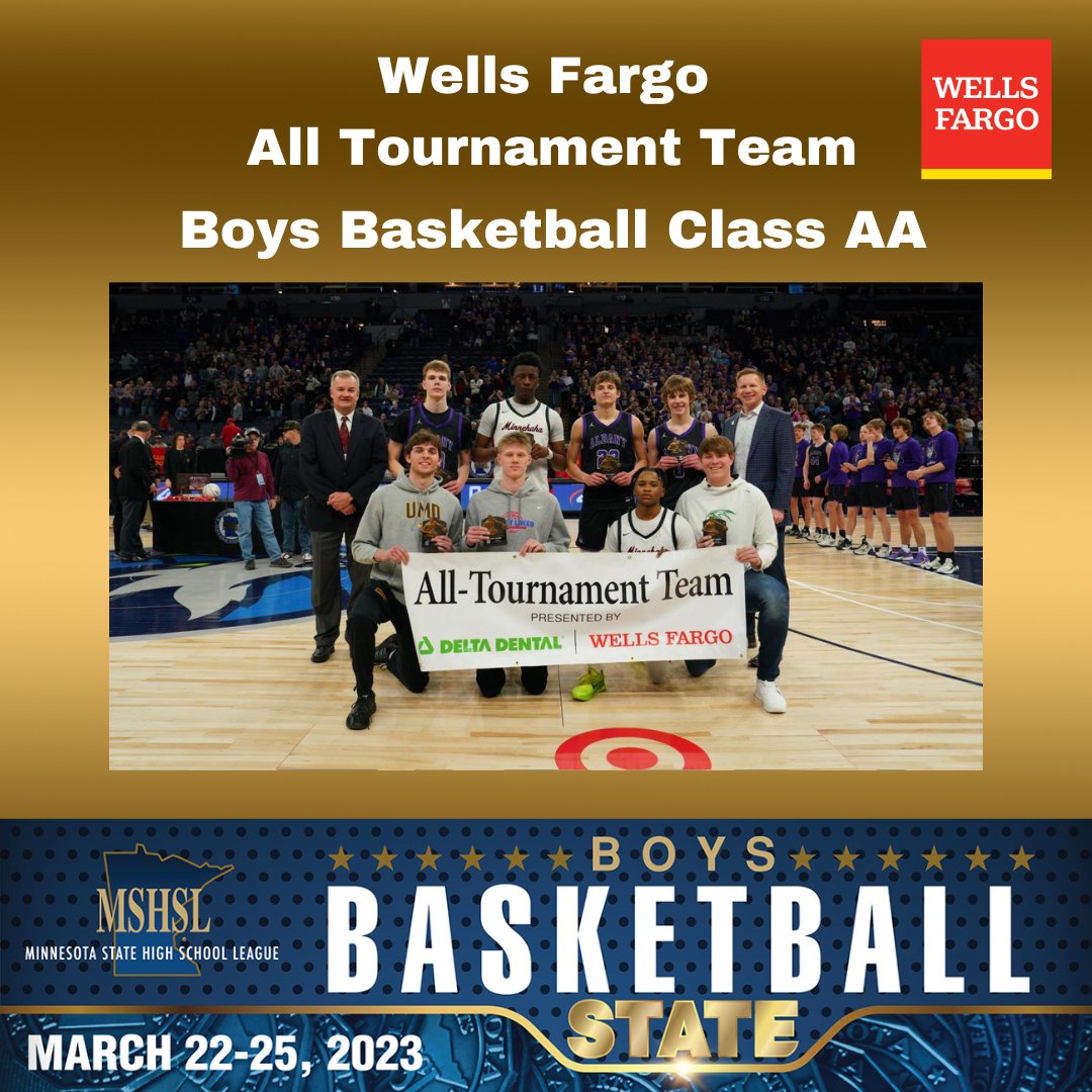 MSHSL's tweet photo. Congratulations to the 2023 Wells Fargo Boys Basketball All Tournament Teams! For a full list of players, please go to 
https://t.co/9osWeiZv6u https://t.co/JS7GnghvMr