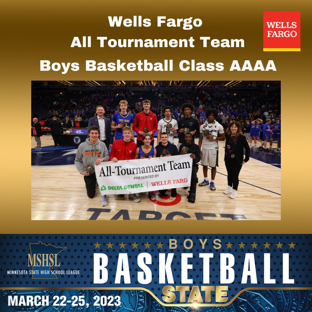 MSHSL's tweet photo. Congratulations to the 2023 Wells Fargo Boys Basketball All Tournament Teams! For a full list of players, please go to 
https://t.co/9osWeiZv6u https://t.co/JS7GnghvMr