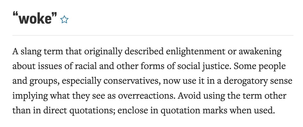 sahilkapur's tweet photo. New @APStylebook entry on "woke" https://t.co/vl98FaDkJc