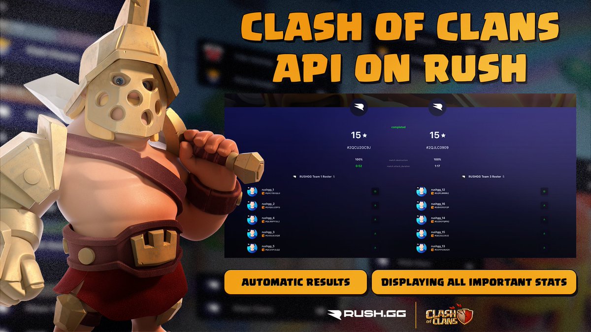 RUSHGGCoC's tweet photo. 📣 We proudly introduce the CoC API on RUSH

⚔ Automatic Results &amp; Bracket Progression 
📊 Displaying all relevant stats (Stars, % and AVG attack time)

✅ We now also have the Match ready-up which needs to be done before every round!

#ClashofClans #ClashEsports @CoCEsports https://t.co/tfb9ioxWID