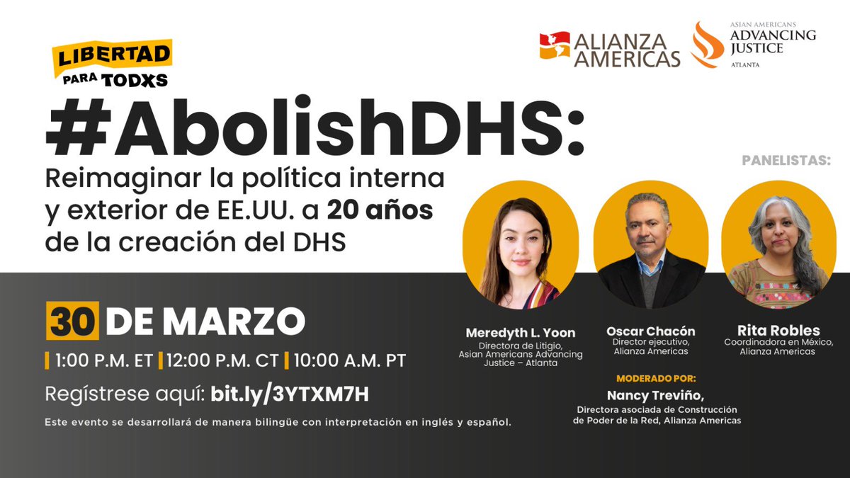 Este año marca el vigésimo aniversario de la creación del Departamento de Seguridad Nacional (DHS)👉🏽Únase a Alianza Americas y Asian Americans Advancing Justice de Atlanta
March 30, 2023 1:00 p.m. ET | 12:00 p.m. CT | 10:00 a.m. PT 

*Regístrese aquí: bit.ly/3YTXM7H*
