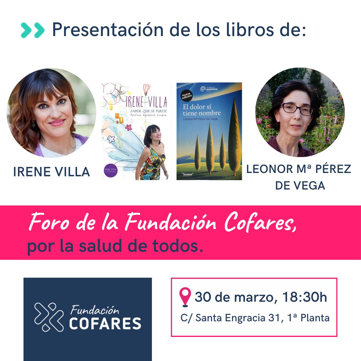 Este jueves disfrutaremos de la presencia de <a href="/_IreneVilla_/">Irene Villa ☮️</a> y <a href="/leo_veritas/">𝘓𝘦𝘰𝘯𝘰𝘳 #dolorcronico, #apoyomutuo 📚🫂</a> en el Foro #FundaciónCofares. 

Las autoras nos presentarán sus libros y los asistentes tendrán la oportunidad de charlar con ellas y conocer sus reflexiones.

¡No te lo pierdas!